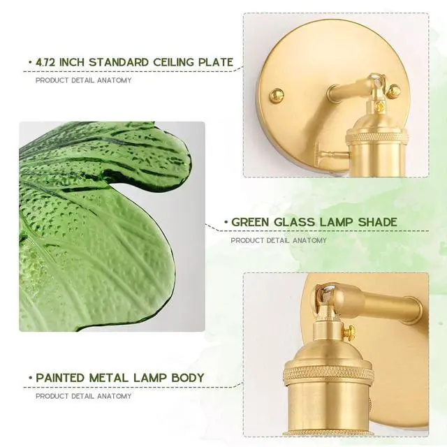 Alt view image 4 of 7 - Vanity Lights for Bathroom Mid Century Modern Wall Sconce Light Fixture Green Flower Glass Shade 90 Degree Adjustable Gold Sconce Hardwired Vintage Wall Lighting for Over Mirror Bath