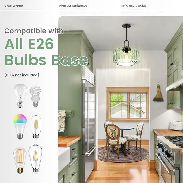 Alt view image 6 of 7 - Modern Hanging Lights Light Green Pendant Light Fixtures Mid Century Large Glass Pendant Lights 11" Striped Glass Shade Black Schoolhouse Ceiling Light Fixture Kitchen Hanging Lamp
