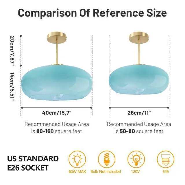 Alt view image 2 of 7 - Blue Semi Mount Ceiling Light Fixtures Hallway 15.7Round Dome Shade | Gold Brass Ceiling Light Mid Century Modern,Thickened Glass Shade,D15.7*H13.38,E26 Base,Farmhouse,Hallway,Dining Bedroom