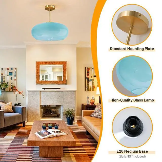 Alt view image 3 of 7 - Blue Semi Mount Ceiling Light Fixtures Hallway 15.7Round Dome Shade | Gold Brass Ceiling Light Mid Century Modern,Thickened Glass Shade,D15.7*H13.38,E26 Base,Farmhouse,Hallway,Dining Bedroom