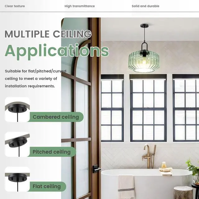 Alt view image 7 of 7 - Modern Hanging Lights Light Green Pendant Light Fixtures Mid Century Large Glass Pendant Lights 11" Striped Glass Shade Black Schoolhouse Ceiling Light Fixture Kitchen Hanging Lamp