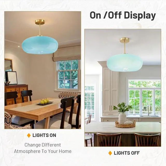 Alt view image 4 of 7 - Blue Semi Mount Ceiling Light Fixtures Hallway 15.7Round Dome Shade | Gold Brass Ceiling Light Mid Century Modern,Thickened Glass Shade,D15.7*H13.38,E26 Base,Farmhouse,Hallway,Dining Bedroom