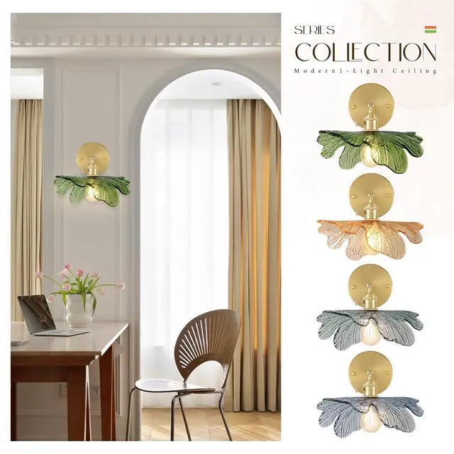 Alt view image 7 of 7 - Vanity Lights for Bathroom Mid Century Modern Wall Sconce Light Fixture Green Flower Glass Shade 90 Degree Adjustable Gold Sconce Hardwired Vintage Wall Lighting for Over Mirror Bath