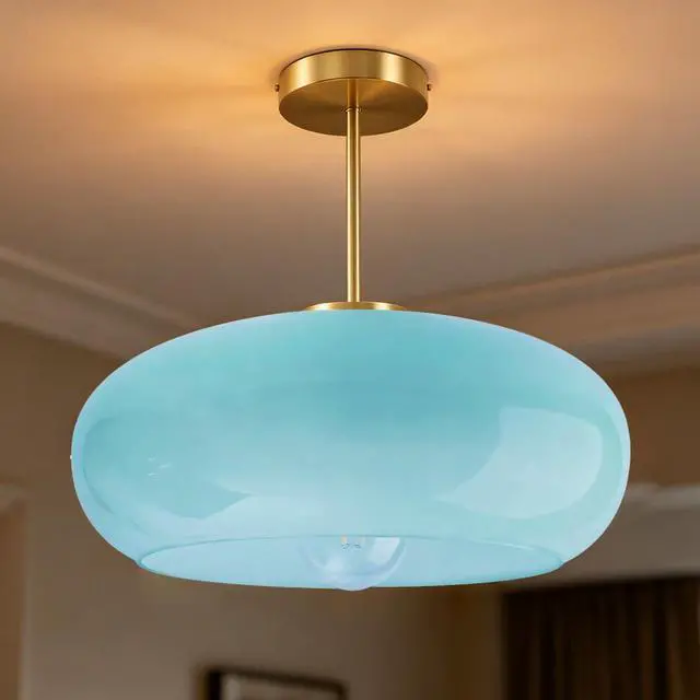 Alt view image 5 of 7 - Blue Semi Mount Ceiling Light Fixtures Hallway 15.7Round Dome Shade | Gold Brass Ceiling Light Mid Century Modern,Thickened Glass Shade,D15.7*H13.38,E26 Base,Farmhouse,Hallway,Dining Bedroom