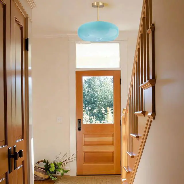 Alt view image 6 of 7 - Blue Semi Mount Ceiling Light Fixtures Hallway 15.7Round Dome Shade | Gold Brass Ceiling Light Mid Century Modern,Thickened Glass Shade,D15.7*H13.38,E26 Base,Farmhouse,Hallway,Dining Bedroom