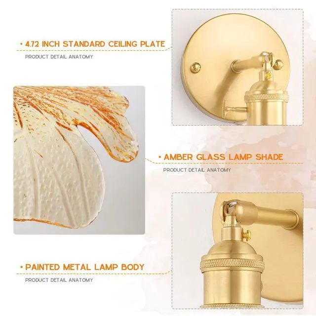 Alt view image 3 of 7 - Vintage Bathroom Wall Sconce Gold Mid Century Modern Vanity Light Flower Glass Wall Sconce Light Fixture Decor Art Vanity Lamp Adjustable Hardwired Vanity Lighting for Over Mirror