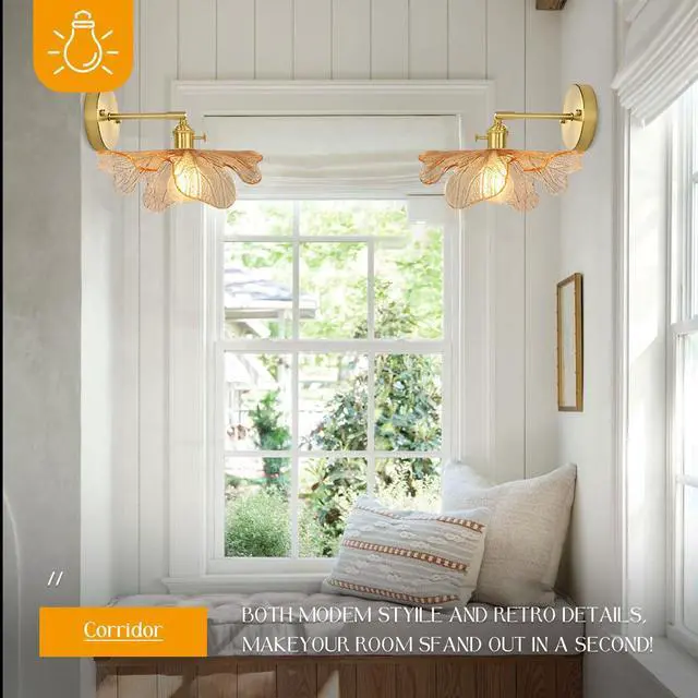 Alt view image 6 of 7 - Vintage Bathroom Wall Sconce Gold Mid Century Modern Vanity Light Flower Glass Wall Sconce Light Fixture Decor Art Vanity Lamp Adjustable Hardwired Vanity Lighting for Over Mirror
