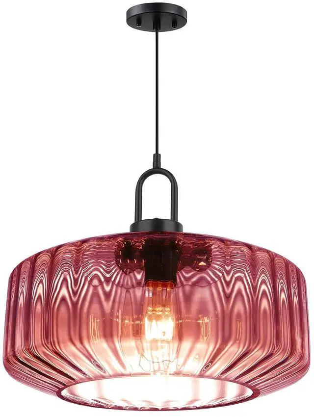 Main image of Hand Blown Glass Pendant Light Fixture Purple 13.78" Ceiling Light | Mid Century Modern Striped Wave Glass Shade 59.1" Adjustable Cord Pendant Lighting Dining Room Above Table Sink Schoolhouse