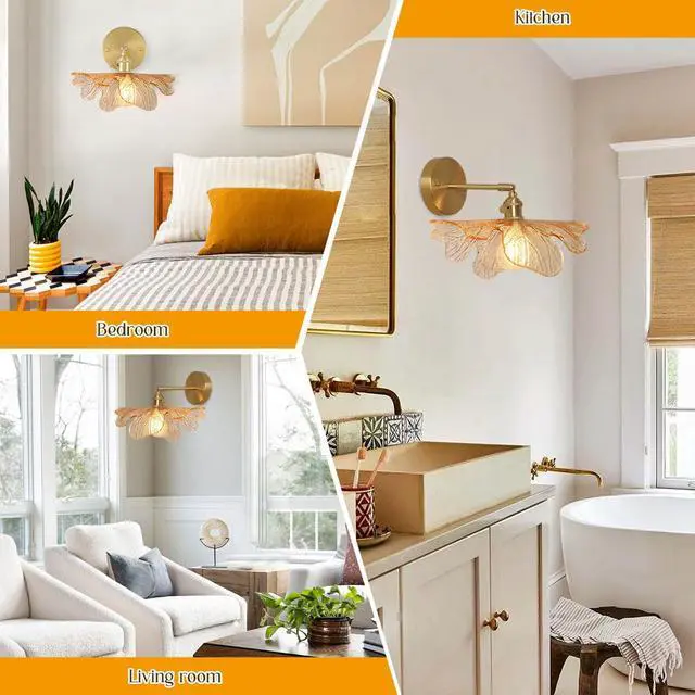 Alt view image 5 of 7 - Vintage Bathroom Wall Sconce Gold Mid Century Modern Vanity Light Flower Glass Wall Sconce Light Fixture Decor Art Vanity Lamp Adjustable Hardwired Vanity Lighting for Over Mirror