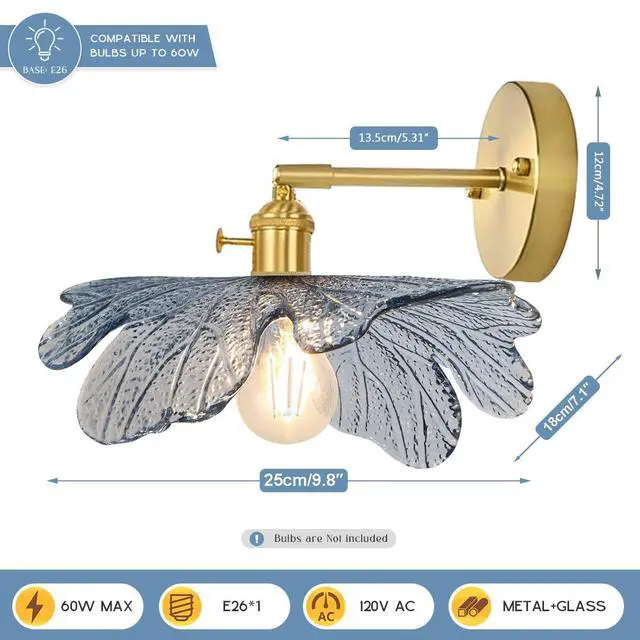 Alt view image 2 of 7 - Flower Bathroom Vanity Light Vintage Gold Wall Sconce Blue Glass Shade Mid Century Modern Vanity Lamp Decor Art Vanities Light Adjustable Hardwired Wall Lighting for Over Mirror