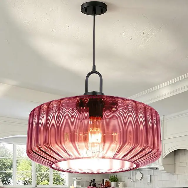 Alt view image 3 of 7 - Hand Blown Glass Pendant Light Fixture Purple 13.78" Ceiling Light | Mid Century Modern Striped Wave Glass Shade 59.1" Adjustable Cord Pendant Lighting Dining Room Above Table Sink Schoolhouse