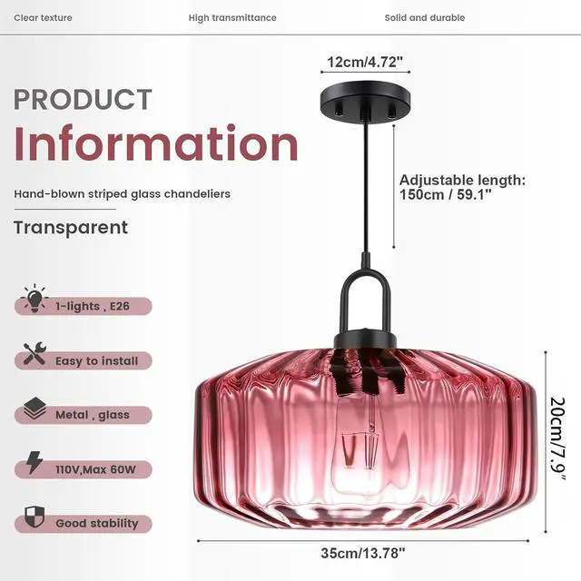 Alt view image 2 of 7 - Hand Blown Glass Pendant Light Fixture Purple 13.78" Ceiling Light | Mid Century Modern Striped Wave Glass Shade 59.1" Adjustable Cord Pendant Lighting Dining Room Above Table Sink Schoolhouse
