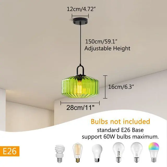 Alt view image 2 of 7 - Green Glass Pendant Light Fixture Kitchen Modern Black Pendant Light | 11Inch Hand Blown Glass Shade Striped Wave 1-Light Adjustable Cord Ceiling Hanging Lighting for Dining Room Above Table Sink