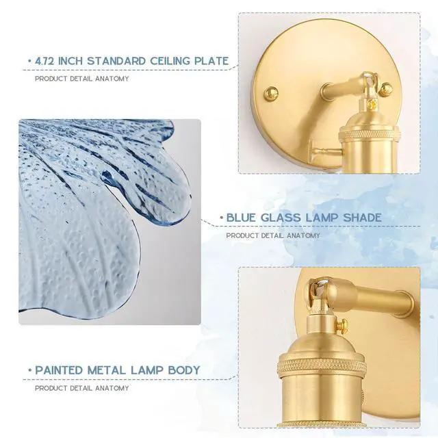 Alt view image 3 of 7 - Flower Bathroom Vanity Light Vintage Gold Wall Sconce Blue Glass Shade Mid Century Modern Vanity Lamp Decor Art Vanities Light Adjustable Hardwired Wall Lighting for Over Mirror
