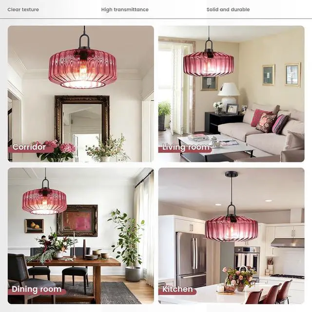 Alt view image 7 of 7 - Hand Blown Glass Pendant Light Fixture Purple 13.78" Ceiling Light | Mid Century Modern Striped Wave Glass Shade 59.1" Adjustable Cord Pendant Lighting Dining Room Above Table Sink Schoolhouse