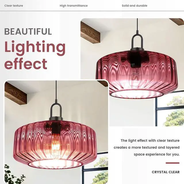 Alt view image 5 of 7 - Hand Blown Glass Pendant Light Fixture Purple 13.78" Ceiling Light | Mid Century Modern Striped Wave Glass Shade 59.1" Adjustable Cord Pendant Lighting Dining Room Above Table Sink Schoolhouse
