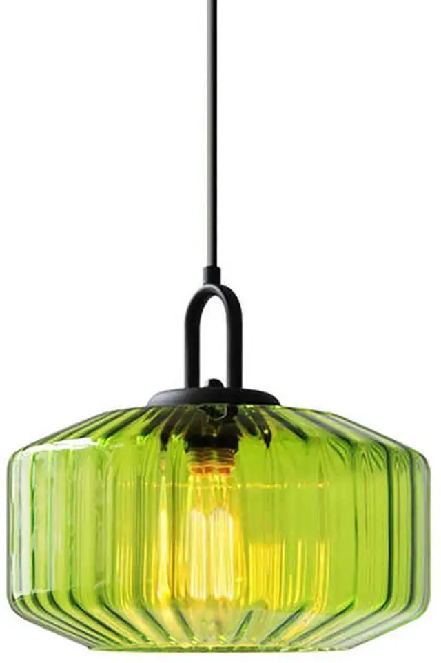 Main image of Green Glass Pendant Light Fixture Kitchen Modern Black Pendant Light | 11Inch Hand Blown Glass Shade Striped Wave 1-Light Adjustable Cord Ceiling Hanging Lighting for Dining Room Above Table Sink