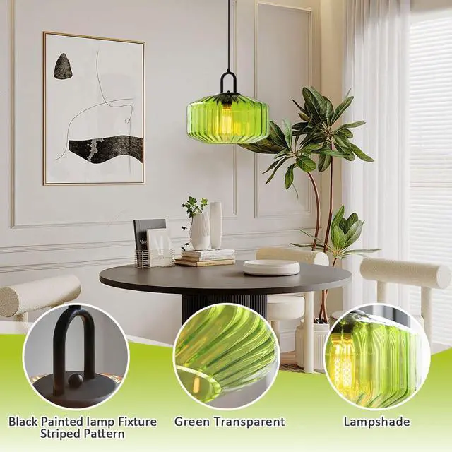 Alt view image 3 of 7 - Green Glass Pendant Light Fixture Kitchen Modern Black Pendant Light | 11Inch Hand Blown Glass Shade Striped Wave 1-Light Adjustable Cord Ceiling Hanging Lighting for Dining Room Above Table Sink