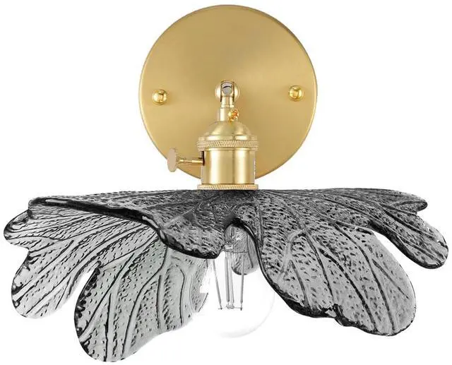 Main image of Mid Century Wall Sconce 1-Light Vintage Glass Vanity Light - Gray Flower Shade Antique Gold Brass Wall Light Fixture 90 Degree Adjustable for Dining Room Living Room Farmhouse Stairs