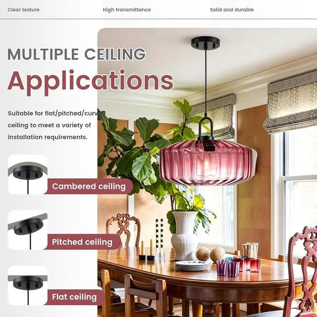 Alt view image 6 of 7 - Hand Blown Glass Pendant Light Fixture Purple 13.78" Ceiling Light | Mid Century Modern Striped Wave Glass Shade 59.1" Adjustable Cord Pendant Lighting Dining Room Above Table Sink Schoolhouse