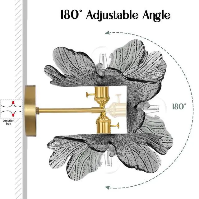Alt view image 4 of 7 - Mid Century Wall Sconce 1-Light Vintage Glass Vanity Light - Gray Flower Shade Antique Gold Brass Wall Light Fixture 90 Degree Adjustable for Dining Room Living Room Farmhouse Stairs