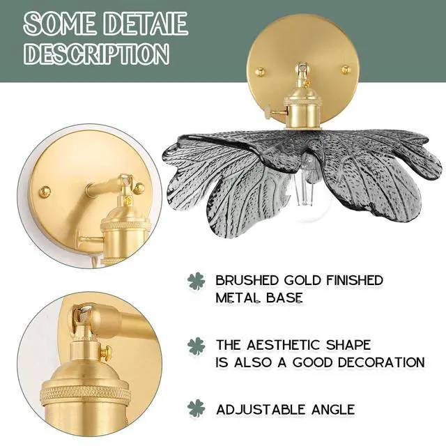 Alt view image 5 of 7 - Mid Century Wall Sconce 1-Light Vintage Glass Vanity Light - Gray Flower Shade Antique Gold Brass Wall Light Fixture 90 Degree Adjustable for Dining Room Living Room Farmhouse Stairs