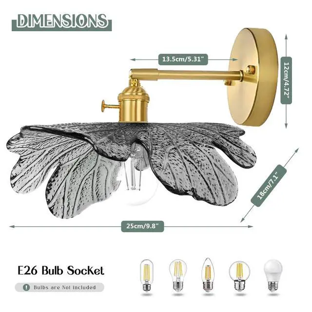 Alt view image 2 of 7 - Mid Century Wall Sconce 1-Light Vintage Glass Vanity Light - Gray Flower Shade Antique Gold Brass Wall Light Fixture 90 Degree Adjustable for Dining Room Living Room Farmhouse Stairs