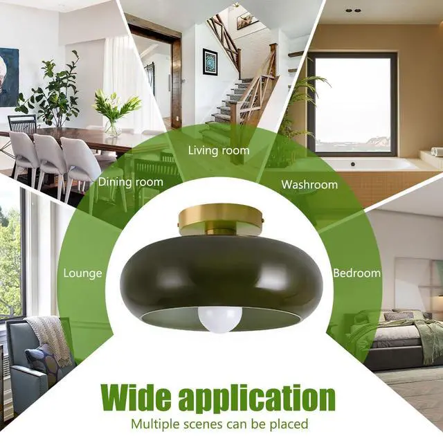 Alt view image 7 of 7 - Dark Green Flush Mount Ceiling Light - 11" Dome Glass Shade Mid Century Modern Close to Ceiling Light Fixtures Vintage Gold Brass Finish for Hallway Bedroom Dining Room Kitchen