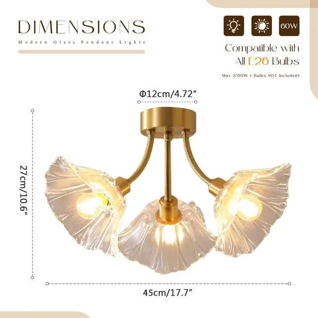 Alt view image 2 of 7 - Gold Brass Flush Mount Ceiling Lights Fixture Clear Glass 3-Light Close to Ceiling Light Flower Glass Shape Shade Mid Century Chandelier Lighting for Bedroom Living Room Dining Room