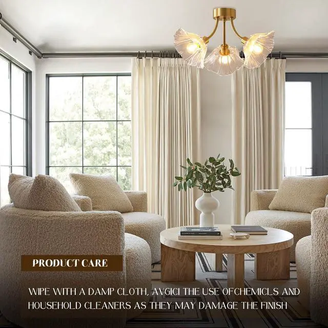 Alt view image 5 of 7 - Gold Brass Flush Mount Ceiling Lights Fixture Clear Glass 3-Light Close to Ceiling Light Flower Glass Shape Shade Mid Century Chandelier Lighting for Bedroom Living Room Dining Room