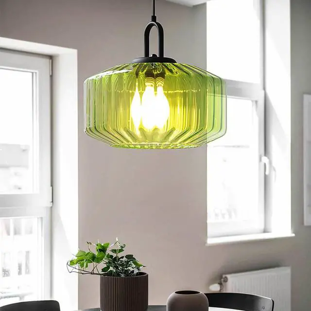 Alt view image 5 of 7 - Green Glass Pendant Light Fixture Kitchen Modern Black Pendant Light | 11Inch Hand Blown Glass Shade Striped Wave 1-Light Adjustable Cord Ceiling Hanging Lighting for Dining Room Above Table Sink