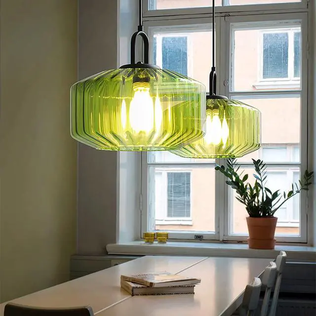 Alt view image 6 of 7 - Green Glass Pendant Light Fixture Kitchen Modern Black Pendant Light | 11Inch Hand Blown Glass Shade Striped Wave 1-Light Adjustable Cord Ceiling Hanging Lighting for Dining Room Above Table Sink