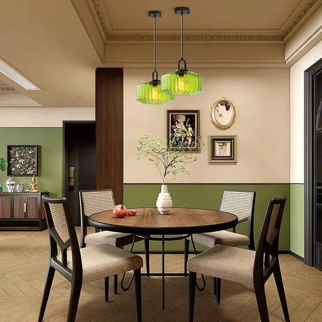 Alt view image 7 of 7 - Green Glass Pendant Light Fixture Kitchen Modern Black Pendant Light | 11Inch Hand Blown Glass Shade Striped Wave 1-Light Adjustable Cord Ceiling Hanging Lighting for Dining Room Above Table Sink