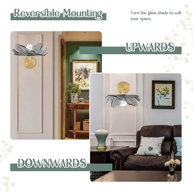 Alt view image 6 of 7 - Mid Century Wall Sconce 1-Light Vintage Glass Vanity Light - Gray Flower Shade Antique Gold Brass Wall Light Fixture 90 Degree Adjustable for Dining Room Living Room Farmhouse Stairs