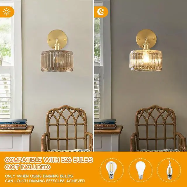 Alt view image 4 of 7 - 1-Light Mid Century Wall Lights Amber Glass Vanity Light Mid Century Bathroom Vanity Lamp Vintage Glass Wall Light Fixture Brass Gold Lights Fixtures for Kitchen Sink Bedroom Hallway