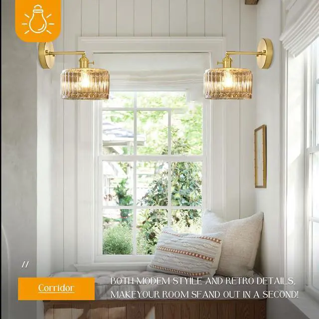 Alt view image 6 of 7 - 1-Light Mid Century Wall Lights Amber Glass Vanity Light Mid Century Bathroom Vanity Lamp Vintage Glass Wall Light Fixture Brass Gold Lights Fixtures for Kitchen Sink Bedroom Hallway