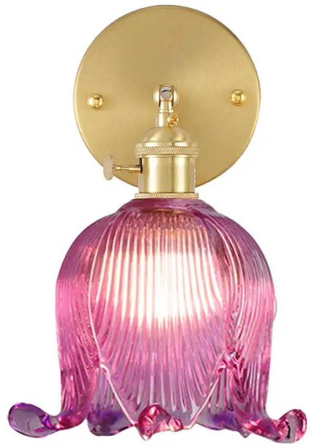 Main image of Small Glass Wall Light Fixture Vintage Purple Flower Floral Shade | Gold Brass Finish,90° Swing arm,Lily of Glass Sconce,E26 Base,Vanity Light Fixture,Over Mirror,Bedroom,Bathroom,Hallway,Café