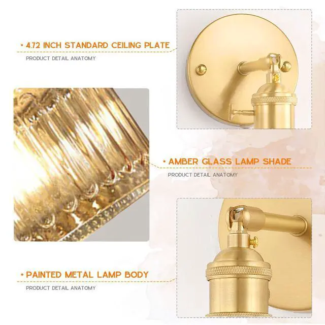 Alt view image 3 of 7 - 1-Light Mid Century Wall Lights Amber Glass Vanity Light Mid Century Bathroom Vanity Lamp Vintage Glass Wall Light Fixture Brass Gold Lights Fixtures for Kitchen Sink Bedroom Hallway