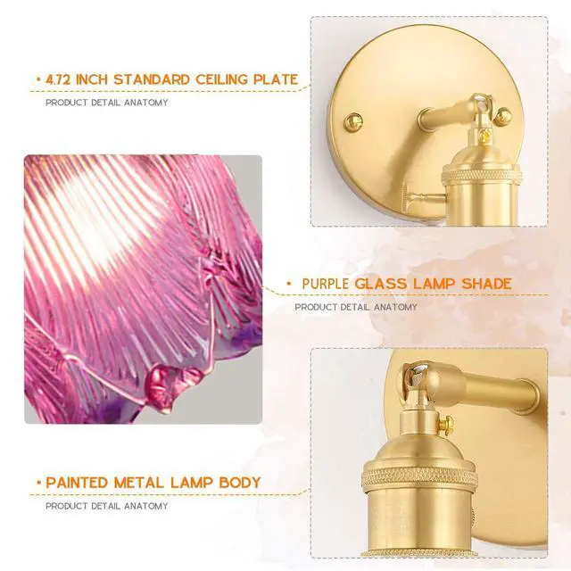 Alt view image 3 of 7 - Small Glass Wall Light Fixture Vintage Purple Flower Floral Shade | Gold Brass Finish,90° Swing arm,Lily of Glass Sconce,E26 Base,Vanity Light Fixture,Over Mirror,Bedroom,Bathroom,Hallway,Café