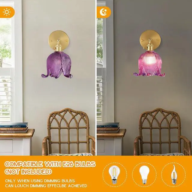 Alt view image 4 of 7 - Small Glass Wall Light Fixture Vintage Purple Flower Floral Shade | Gold Brass Finish,90° Swing arm,Lily of Glass Sconce,E26 Base,Vanity Light Fixture,Over Mirror,Bedroom,Bathroom,Hallway,Café