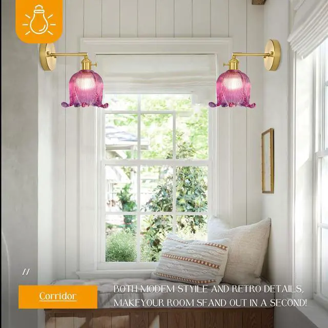Alt view image 6 of 7 - Small Glass Wall Light Fixture Vintage Purple Flower Floral Shade | Gold Brass Finish,90° Swing arm,Lily of Glass Sconce,E26 Base,Vanity Light Fixture,Over Mirror,Bedroom,Bathroom,Hallway,Café