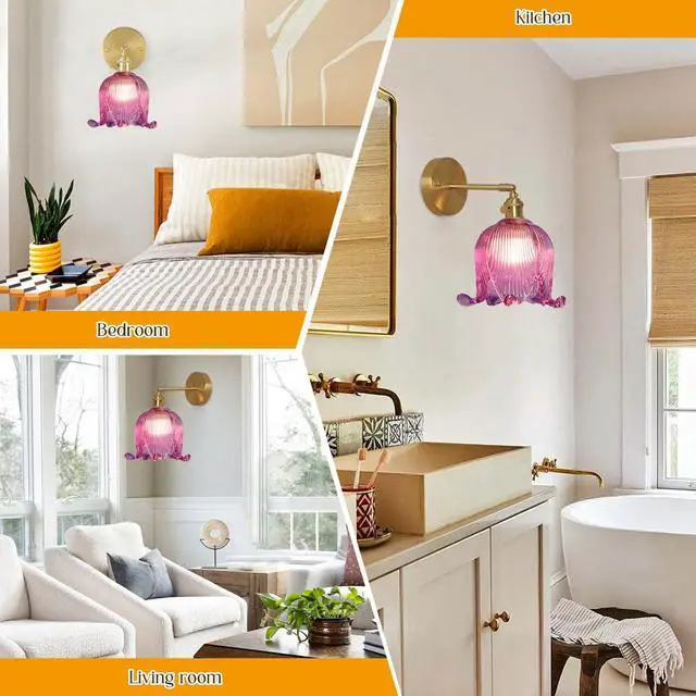 Alt view image 7 of 7 - Small Glass Wall Light Fixture Vintage Purple Flower Floral Shade | Gold Brass Finish,90° Swing arm,Lily of Glass Sconce,E26 Base,Vanity Light Fixture,Over Mirror,Bedroom,Bathroom,Hallway,Café