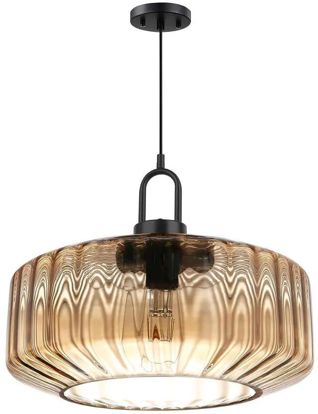 Main image of 13.78 Large Glass Pendant Light Mid Century Amber Lighting Fixture | 1-Lights 35cm Hand Blown Striped Glass Shade Lantern Design, 59.1 Adjustable Cord,Above Table,Kitchen,Large Bedroom,E26 Base