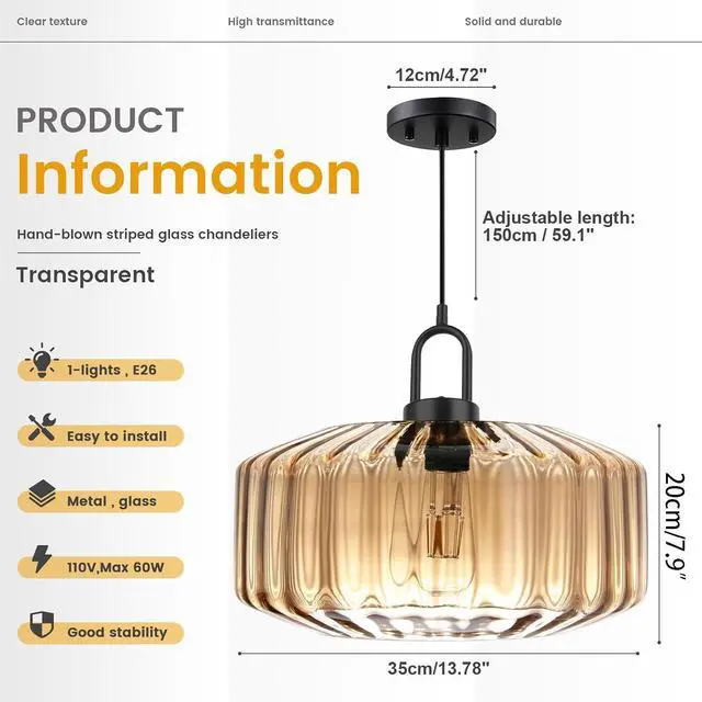 Alt view image 2 of 7 - 13.78 Large Glass Pendant Light Mid Century Amber Lighting Fixture | 1-Lights 35cm Hand Blown Striped Glass Shade Lantern Design, 59.1 Adjustable Cord,Above Table,Kitchen,Large Bedroom,E26 Base