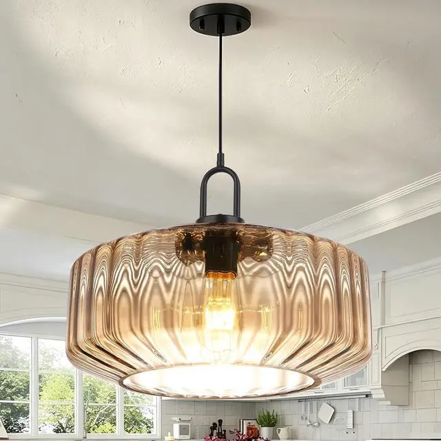 Alt view image 3 of 7 - 13.78 Large Glass Pendant Light Mid Century Amber Lighting Fixture | 1-Lights 35cm Hand Blown Striped Glass Shade Lantern Design, 59.1 Adjustable Cord,Above Table,Kitchen,Large Bedroom,E26 Base