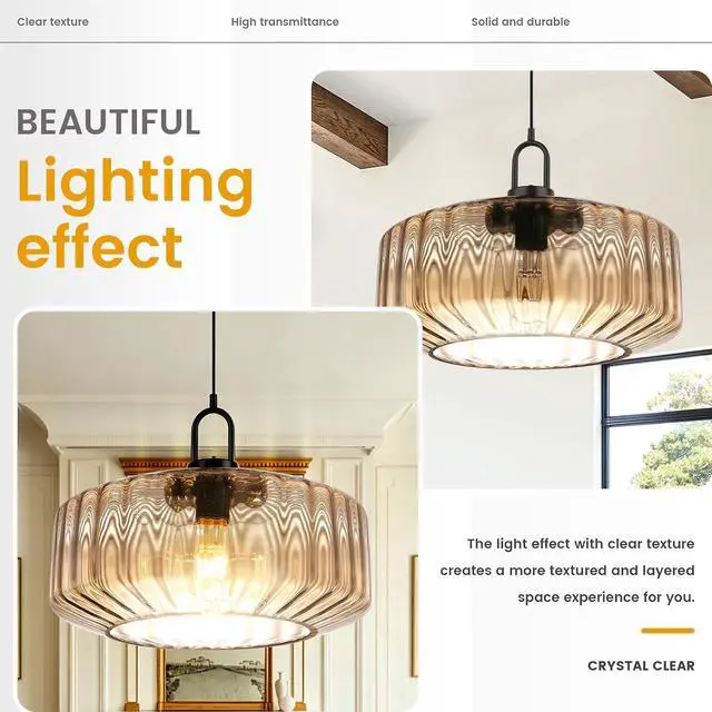 Alt view image 4 of 7 - 13.78 Large Glass Pendant Light Mid Century Amber Lighting Fixture | 1-Lights 35cm Hand Blown Striped Glass Shade Lantern Design, 59.1 Adjustable Cord,Above Table,Kitchen,Large Bedroom,E26 Base