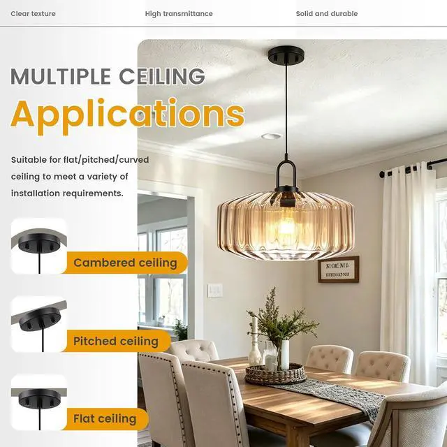 Alt view image 5 of 7 - 13.78 Large Glass Pendant Light Mid Century Amber Lighting Fixture | 1-Lights 35cm Hand Blown Striped Glass Shade Lantern Design, 59.1 Adjustable Cord,Above Table,Kitchen,Large Bedroom,E26 Base