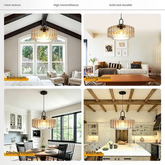 Alt view image 6 of 7 - 13.78 Large Glass Pendant Light Mid Century Amber Lighting Fixture | 1-Lights 35cm Hand Blown Striped Glass Shade Lantern Design, 59.1 Adjustable Cord,Above Table,Kitchen,Large Bedroom,E26 Base