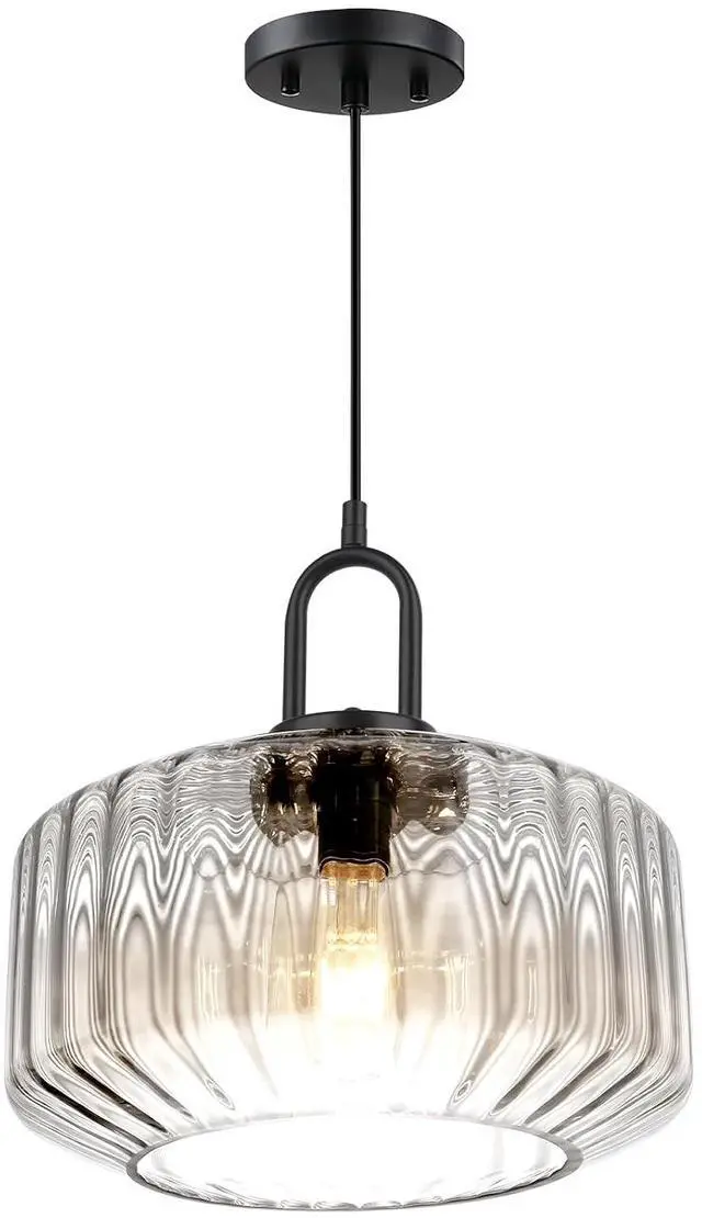 Main image of Clear Glass Pendant Light Fixture Kitchen Island Farmhouse Dining Room Pendant Lights Striped Wave Globe Lamp Shade Black Metal Light fixtures Modern Glass Ceiling Hanging Lighting