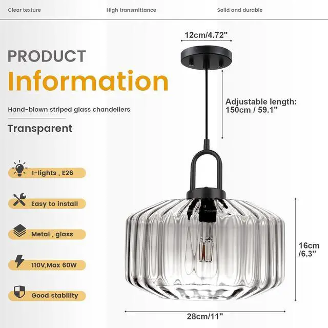 Alt view image 2 of 7 - Large Glass Pendant Lights Kitchen Island Vintage Hanging Light | 11Inch Clear Striped Blown Shade Mid Century Modern Hanging Ceiling Lights with Black Finish Adjustable Cord for Dining Room